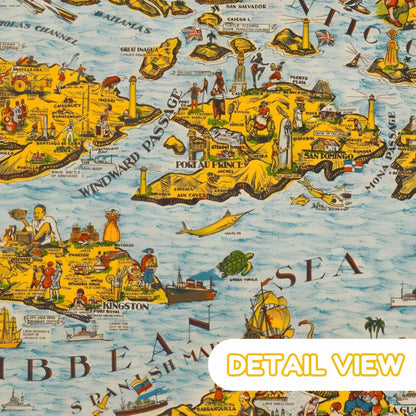 Colorful map of the Caribbean Sea with various illustrations and text. Close-up of Spanish galleons on vibrant Caribbean sea