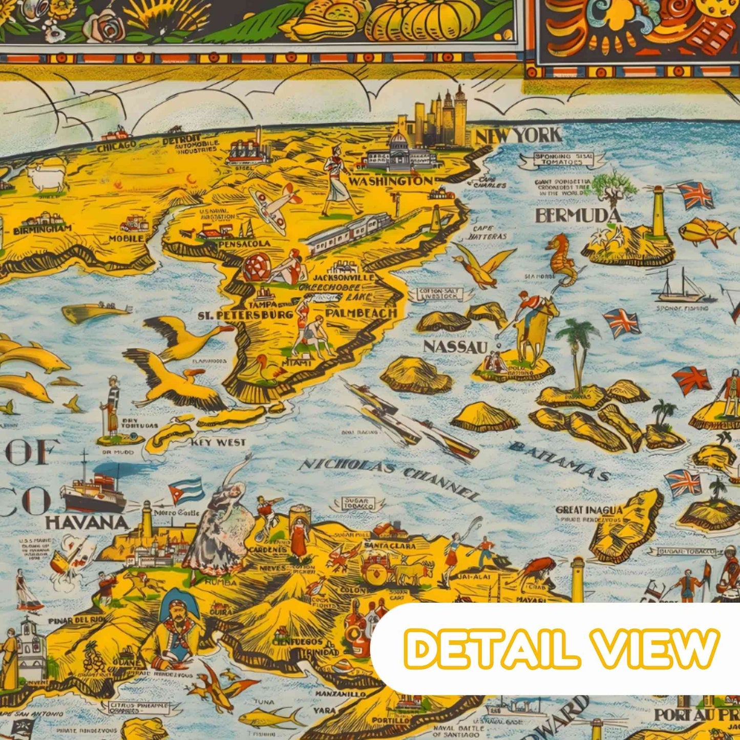 Detail of indigenous figures and explorers portrayed on the map. 1936 color pictorial map with ships and sea creatures