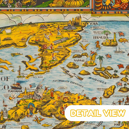 Detail of indigenous figures and explorers portrayed on the map. 1936 color pictorial map with ships and sea creatures
