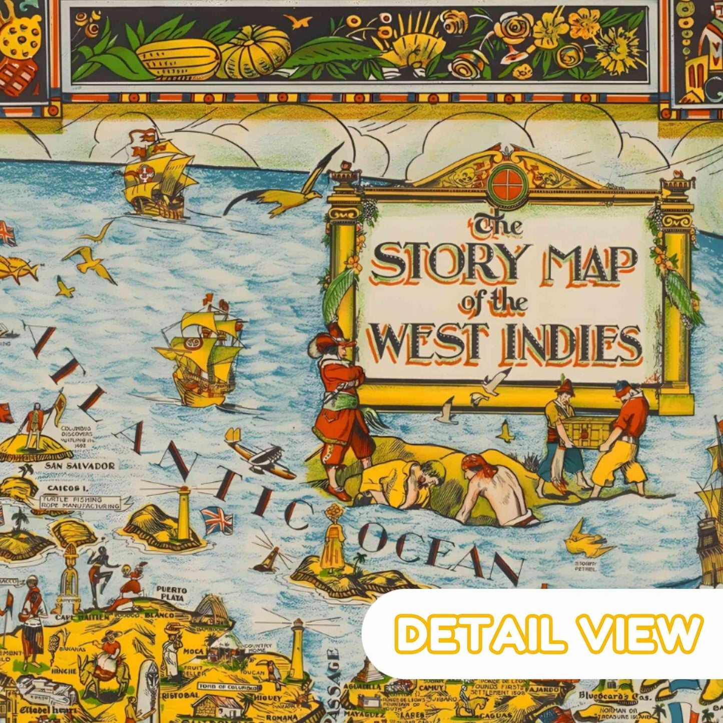 Decorative 1930 map of the West Indies with ships and people, featuring a decorative border.