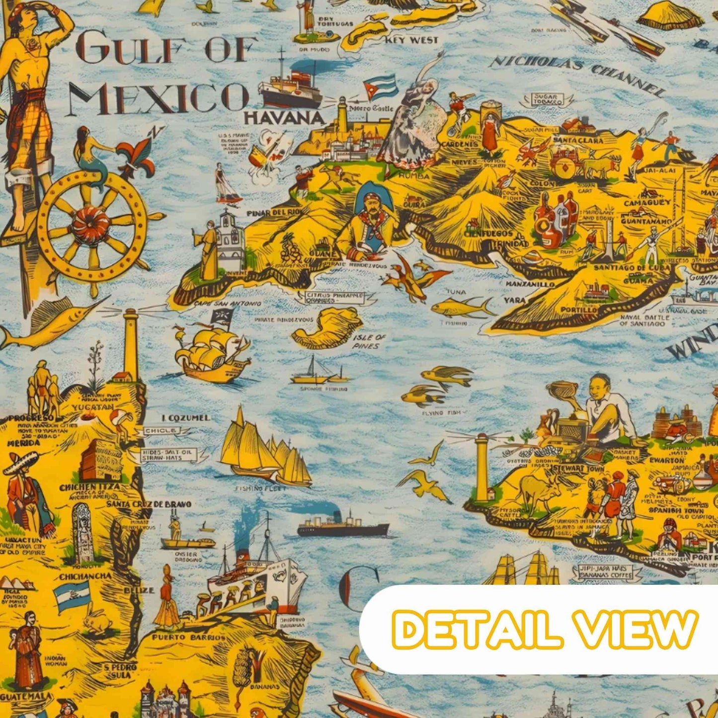 Colorful map of the Gulf of Mexico with various illustrations and text. Detail of islands from caribbean pictorial map with ships and sea creatures