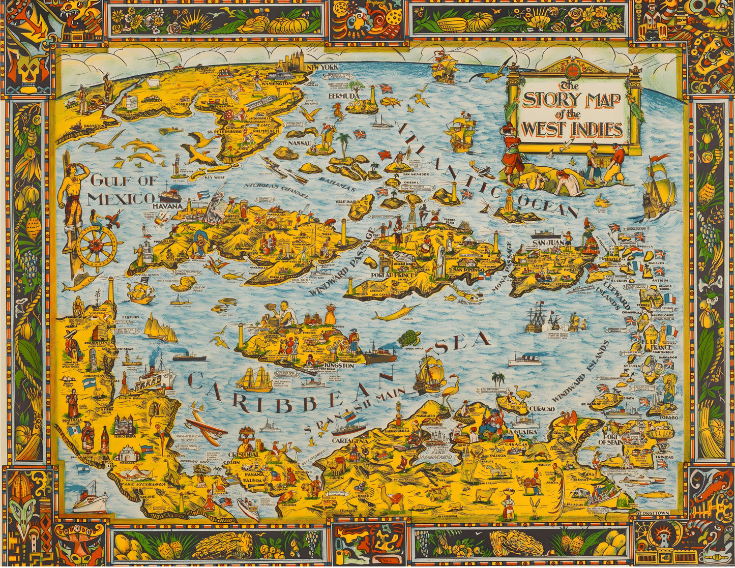 1936 color lithograph map depicting Caribbean with galleons and explorers