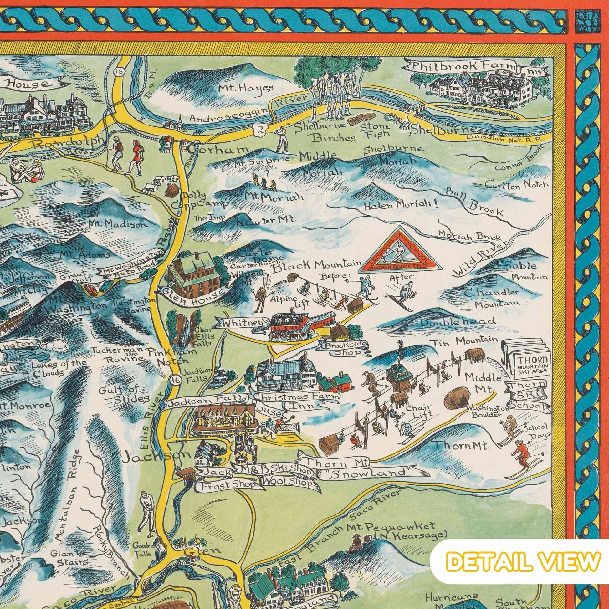 Detail showing a vibrant illustration of hikers in New Hampshire's rugged landscape.