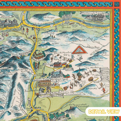 Detail showing a vibrant illustration of hikers in New Hampshire's rugged landscape.