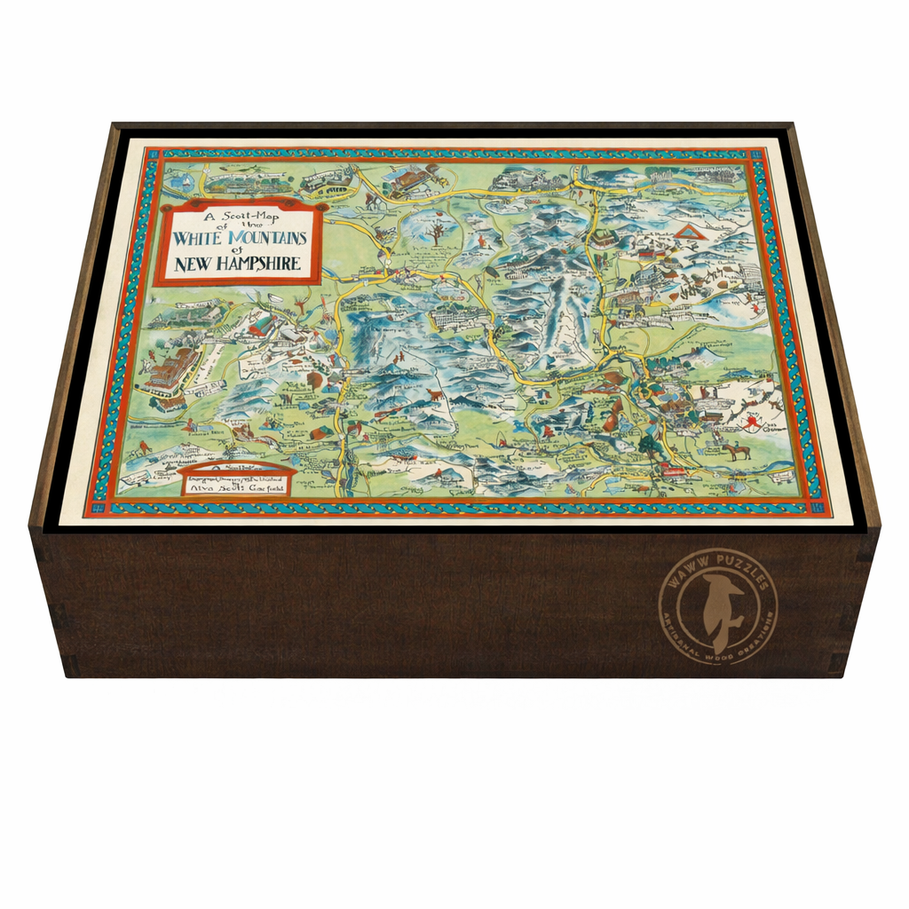 Premium wooden puzzle box featuring Garfield's Scott-Map of the White Mountains.
