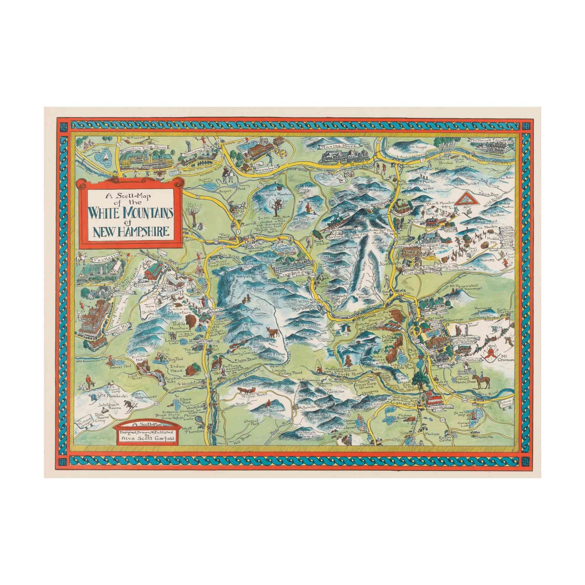Garfield's detailed map depicting New Hampshire's White Mountains with illustrated ski scenes.
