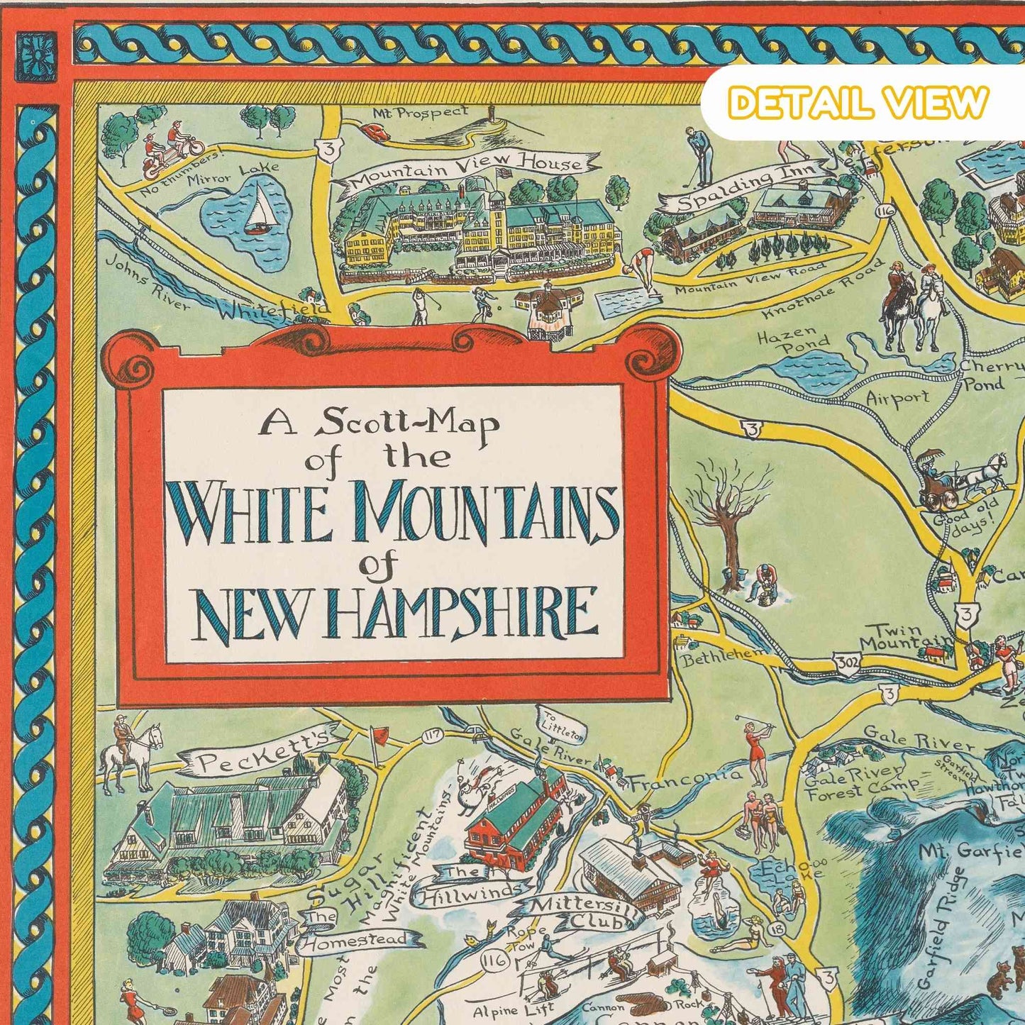 Colorful map of the White Mountains of New Hampshire with decorative border