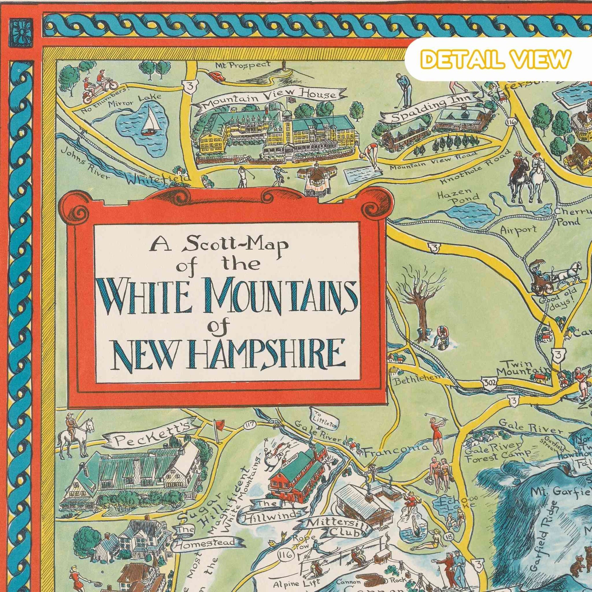 Colorful map of the White Mountains of New Hampshire with decorative border
