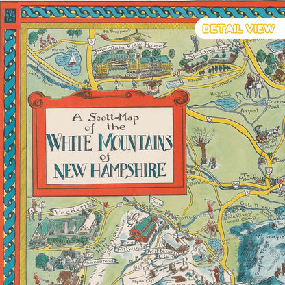 Colorful map of the White Mountains of New Hampshire with decorative border