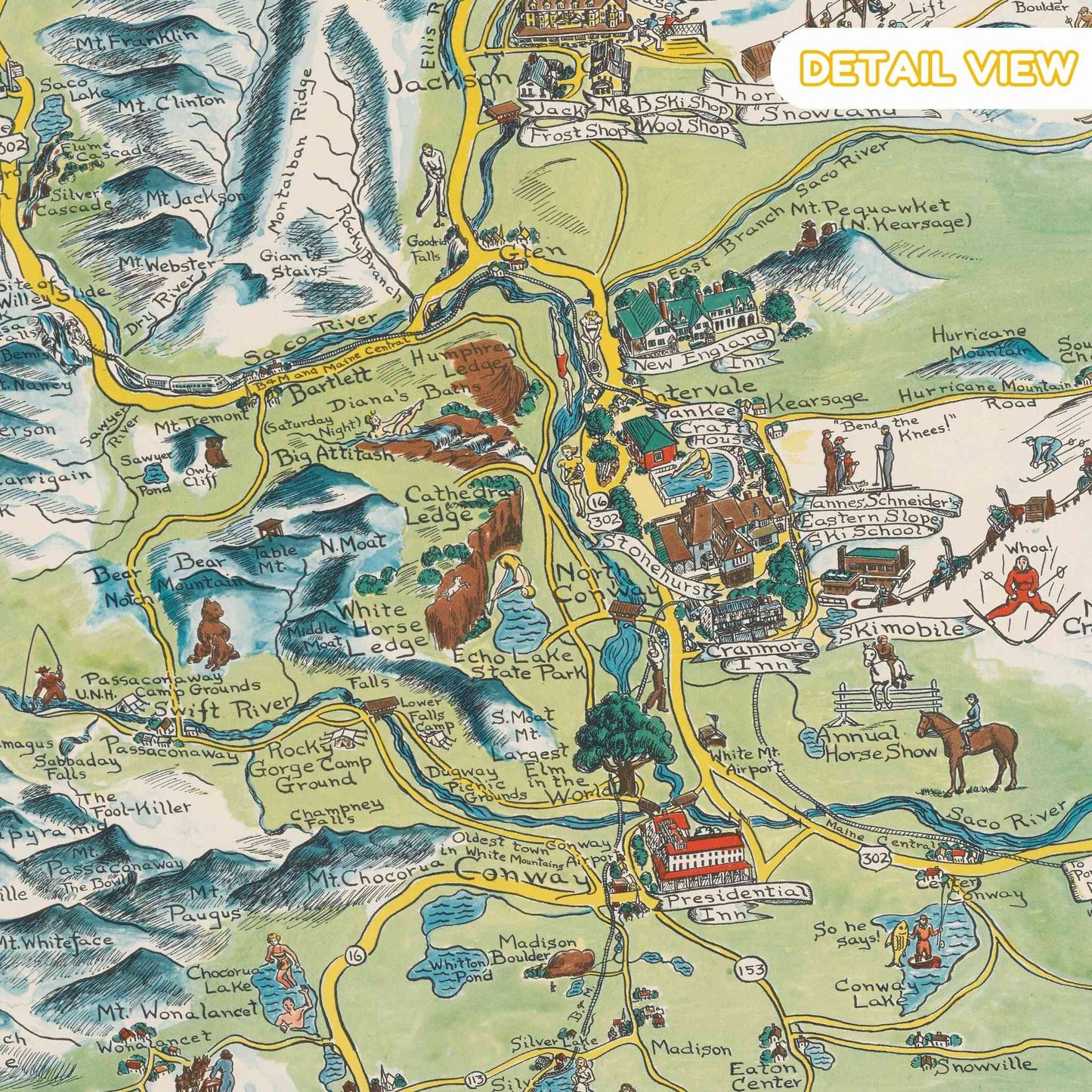 Detailed map with illustrations of landscapes, roads, and landmarks. Detail of white mountains from leavitts new hampshire golden age illustration pictorial map