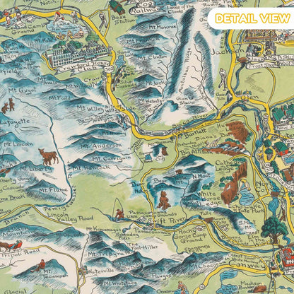 Detail of white mountains from leavitts new hampshire golden age illustration pictorial map. Cartoon-style map of a mountainous region with labeled mountains and roads.