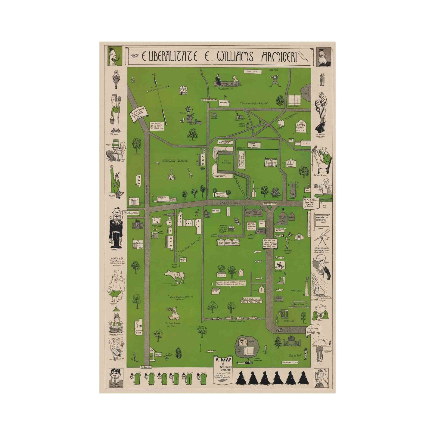 Map of the Williams College campus layout with various icons and text on a white background