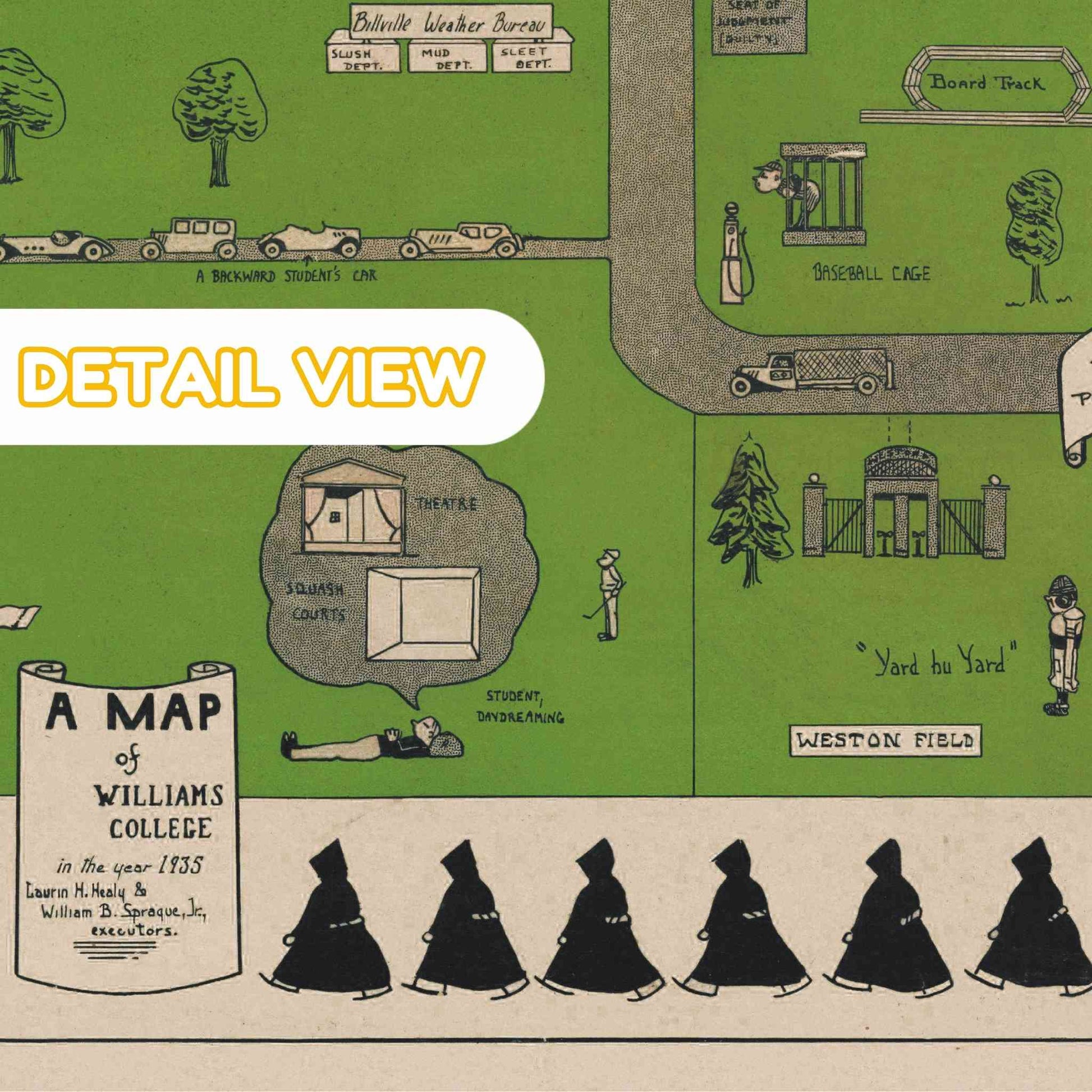 Vintage map of Williams College with detailed view section. Detail of decorative borders and stylized lettering typical of 1930s cartography.