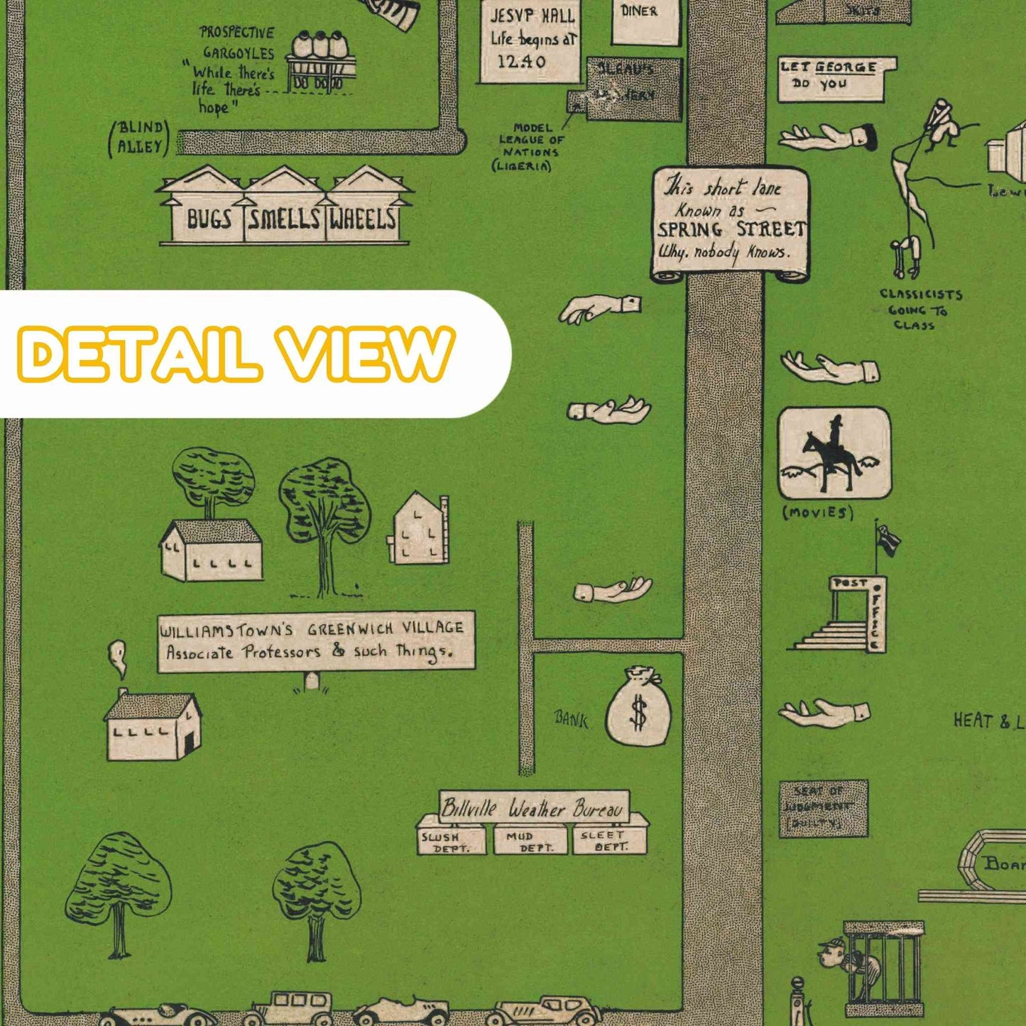 Close-up of intricate pathways and building layouts on the Williams College map.