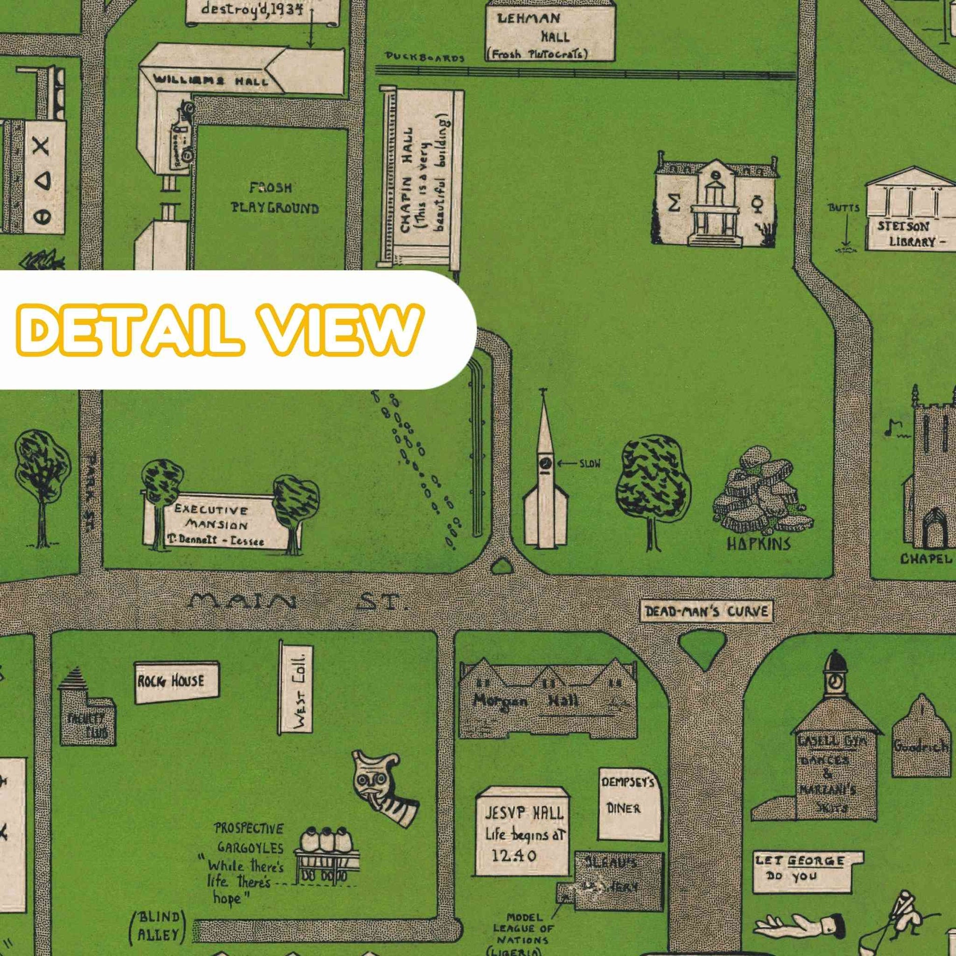 Cartoon-style map of Williams College in Massachusetts with labeled buildings and landmarks on a green background
