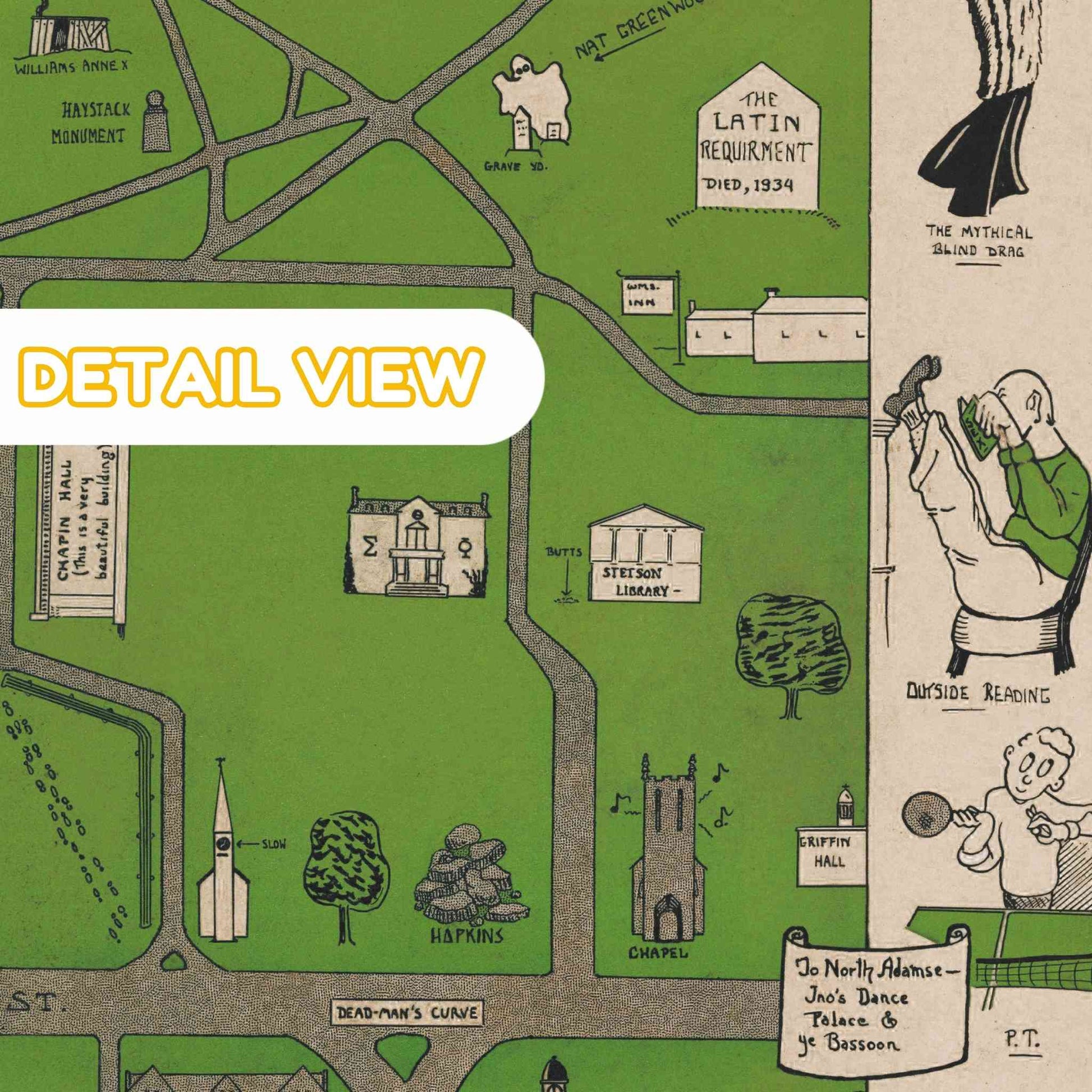 Detail of williams college campus from williams college massachusetts colorful pictorial map with buildings trees and pathways