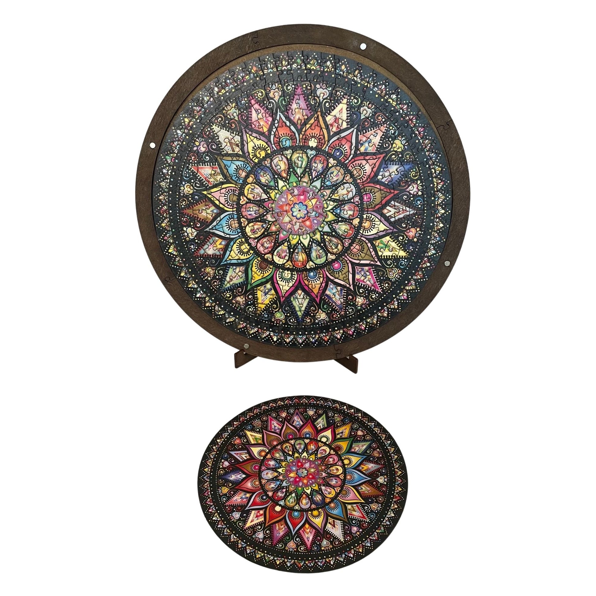 mini mandala, wooden jigsaw puzzle in a kickstand, mosaic colors like stain window