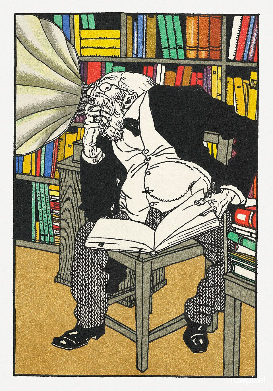 Moriz Jung's The Dialectician, colorful caricature of a scholar with books and a gramophone