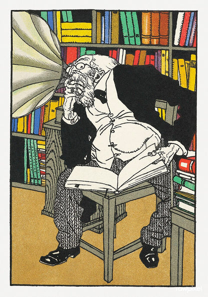 Moriz Jung's The Dialectician, colorful caricature of a scholar with books and a gramophone