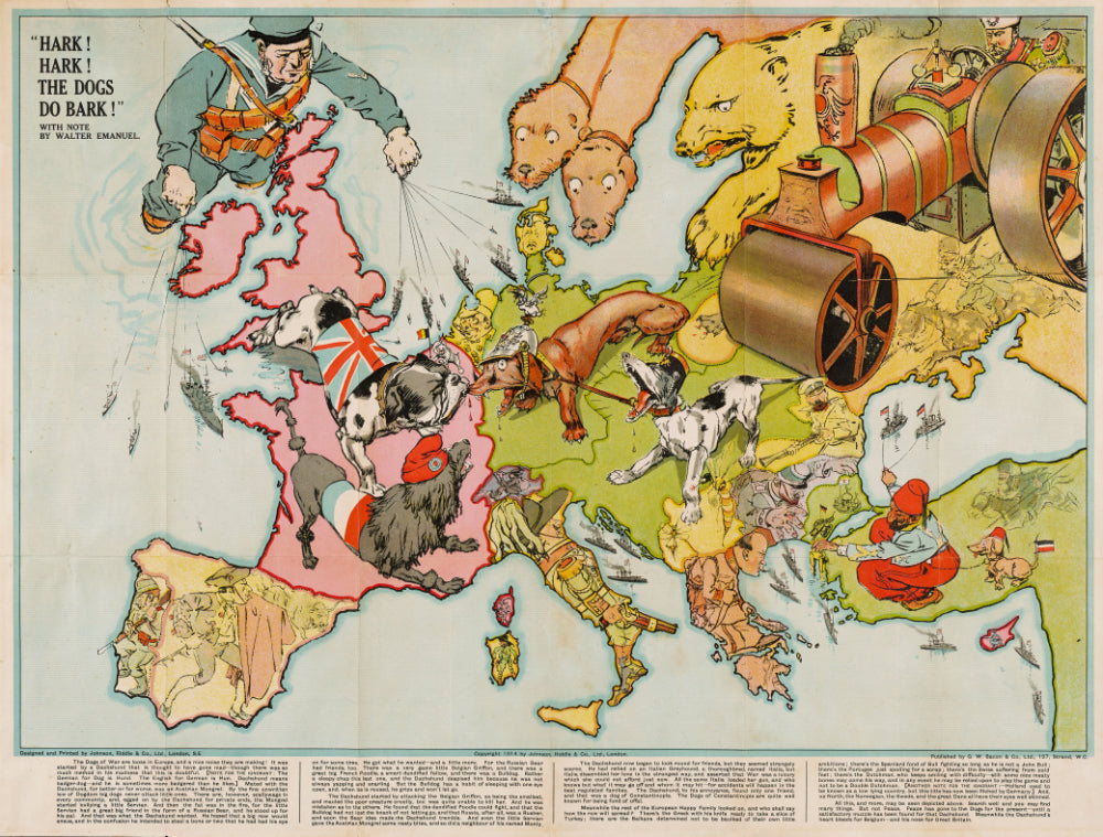 Cartoon map of Europe with animated animals and a soldier, likely from a World War I propaganda poster. 