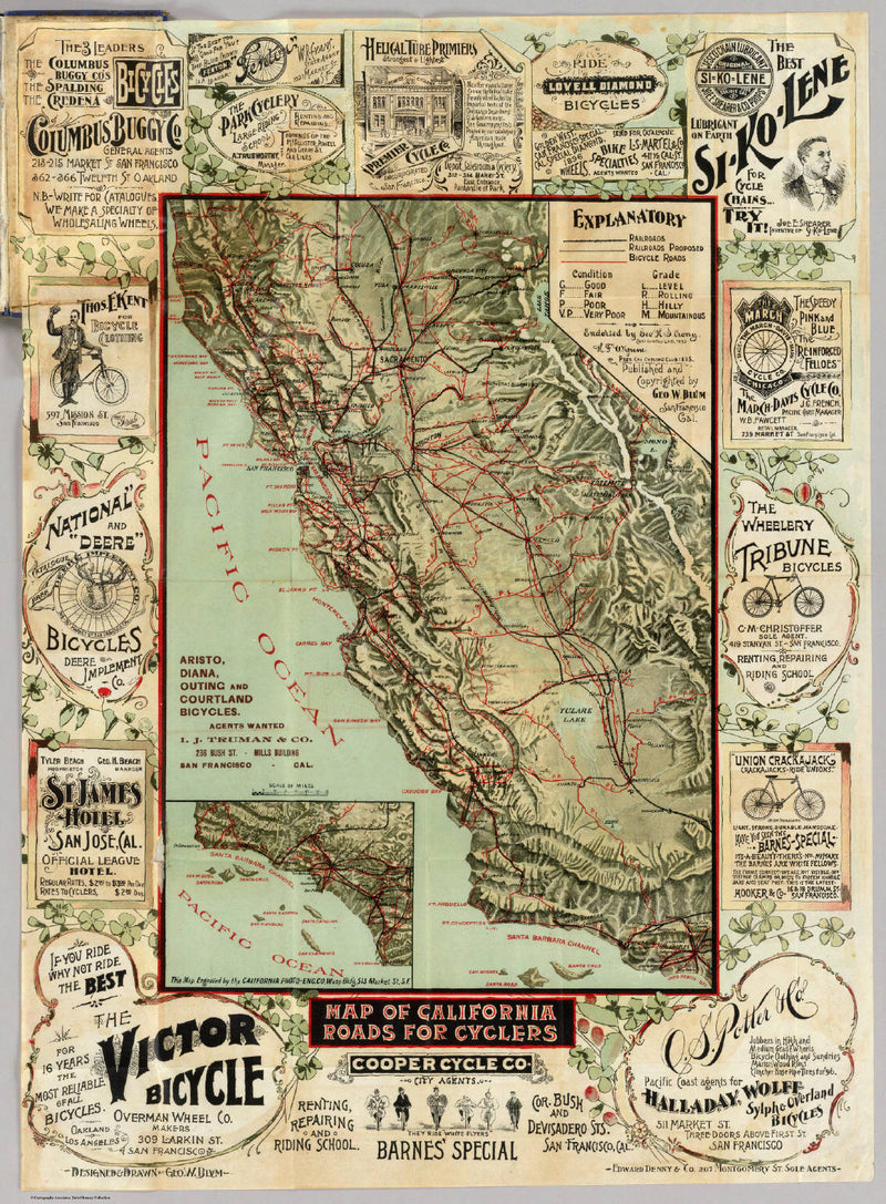 Map of CALIFORNIA Roads for Cyclers Wooden Puzzle | Vintage art | Cyclers' Guide