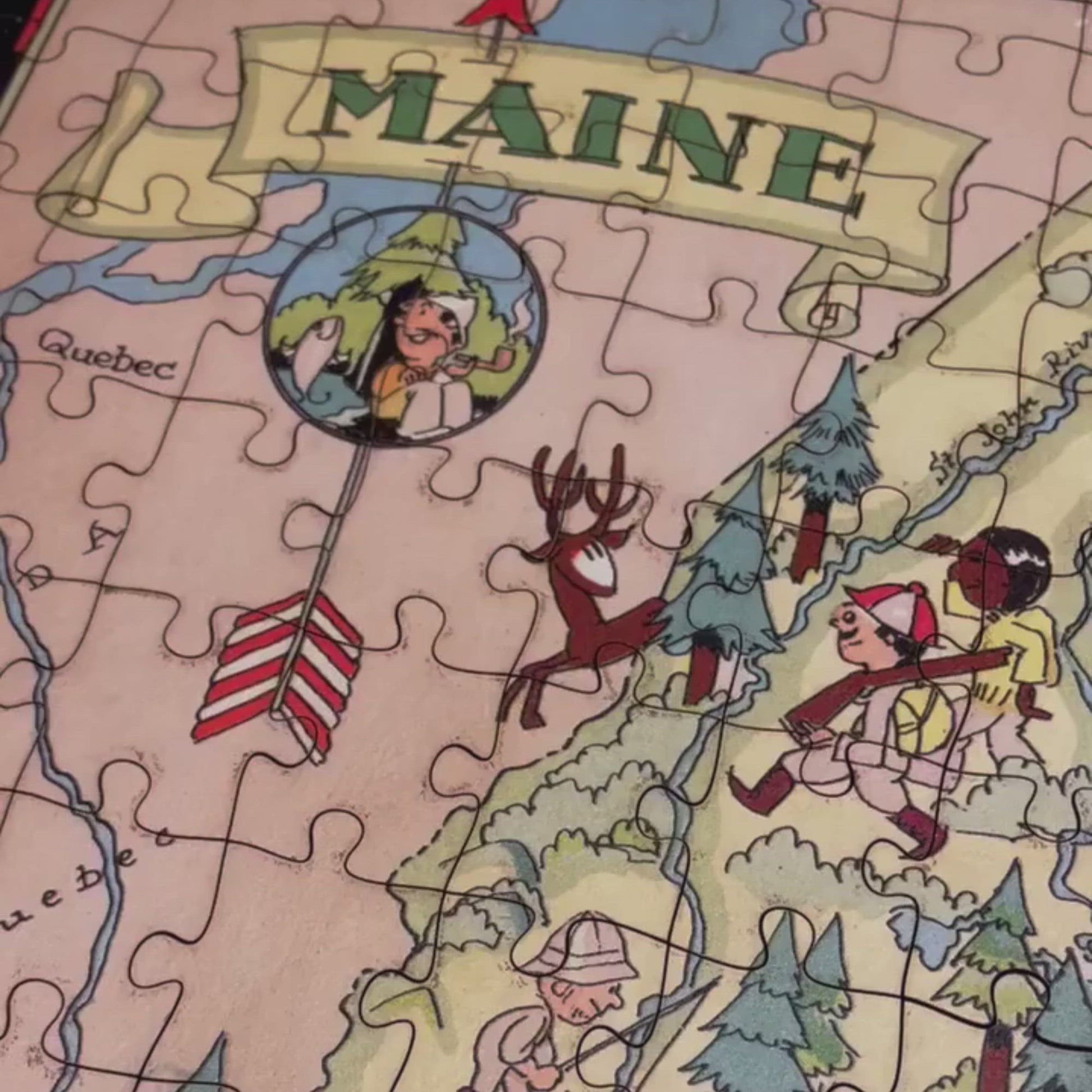 Collectible wooden puzzle of a vintage pictorial map of Maine showcasing landmarks, natural wonders, cultural elements, and historical references. Illustrated cartography highlighting the state's diverse attractions and heritage