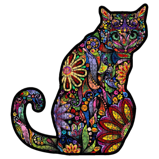 Colorful Cat Wooden Jigsaw Puzzle: Stylized cat with a vibrant, patterned body. Intricate wooden puzzle.