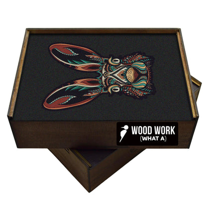 Handcrafted wooden box containing a colorful HARE puzzle with intricate patterns. Unique and artistic gift. Rabbit, bunnie like jigsaw puzzle