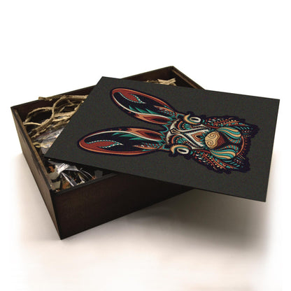 Handcrafted wooden box containing a colorful HARE puzzle with intricate patterns. Unique and artistic gift. Rabbit, bunnie like jigsaw puzzle