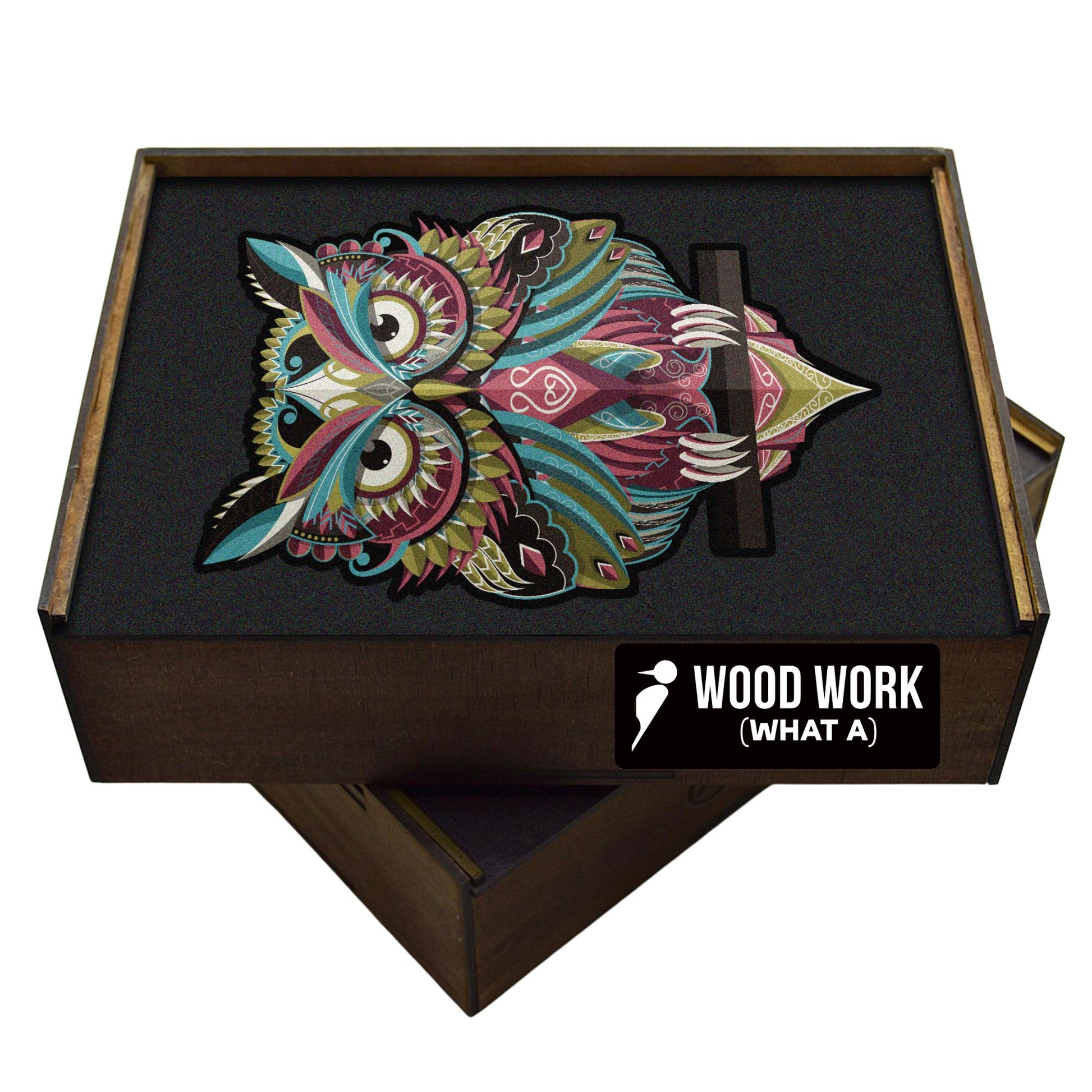 Handcrafted wooden box containing a colorful owl puzzle with intricate patterns. Unique and artistic gift.