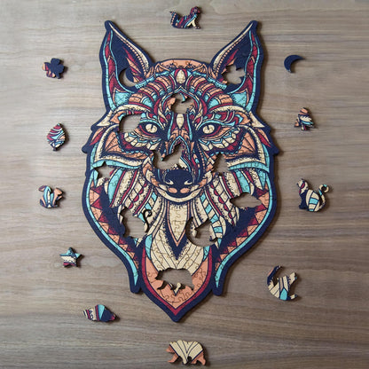 Colorful Wolf Wooden Jigsaw Puzzle: Stylized wolf with a vibrant, patterned body. Intricate wooden puzzle