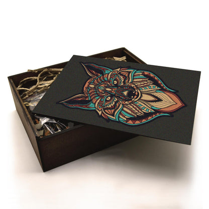 Colorful Wolf Wooden Jigsaw Puzzle: Stylized wolf with a vibrant, patterned body. Intricate wooden puzzle