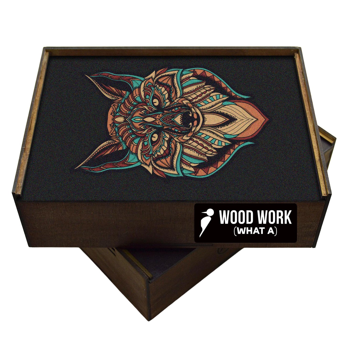 Handcrafted wooden box containing a colorful cat puzzle with intricate patterns. Unique and artistic gift. 