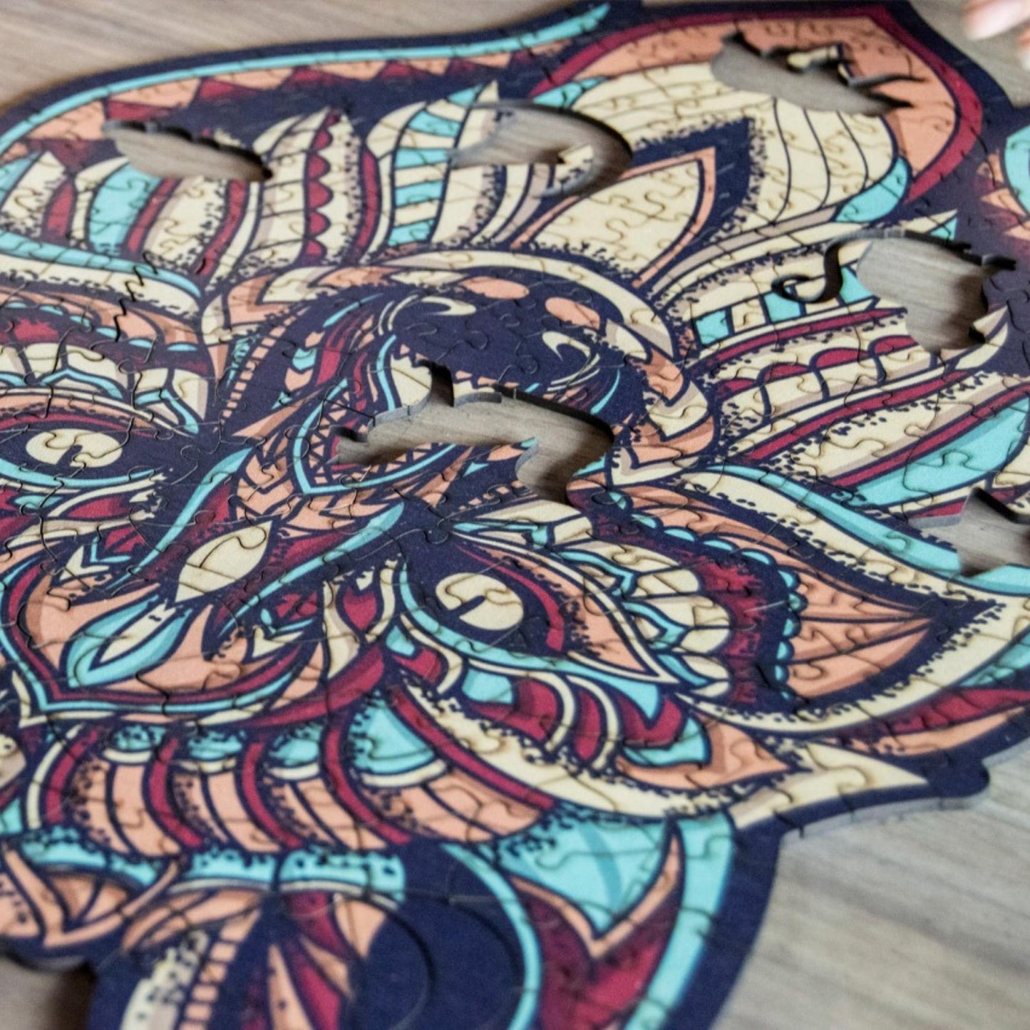 Wolf Wooden Jigsaw Puzzle: Stylized wolf with a vibrant, patterned body. Intricate wooden puzzle
