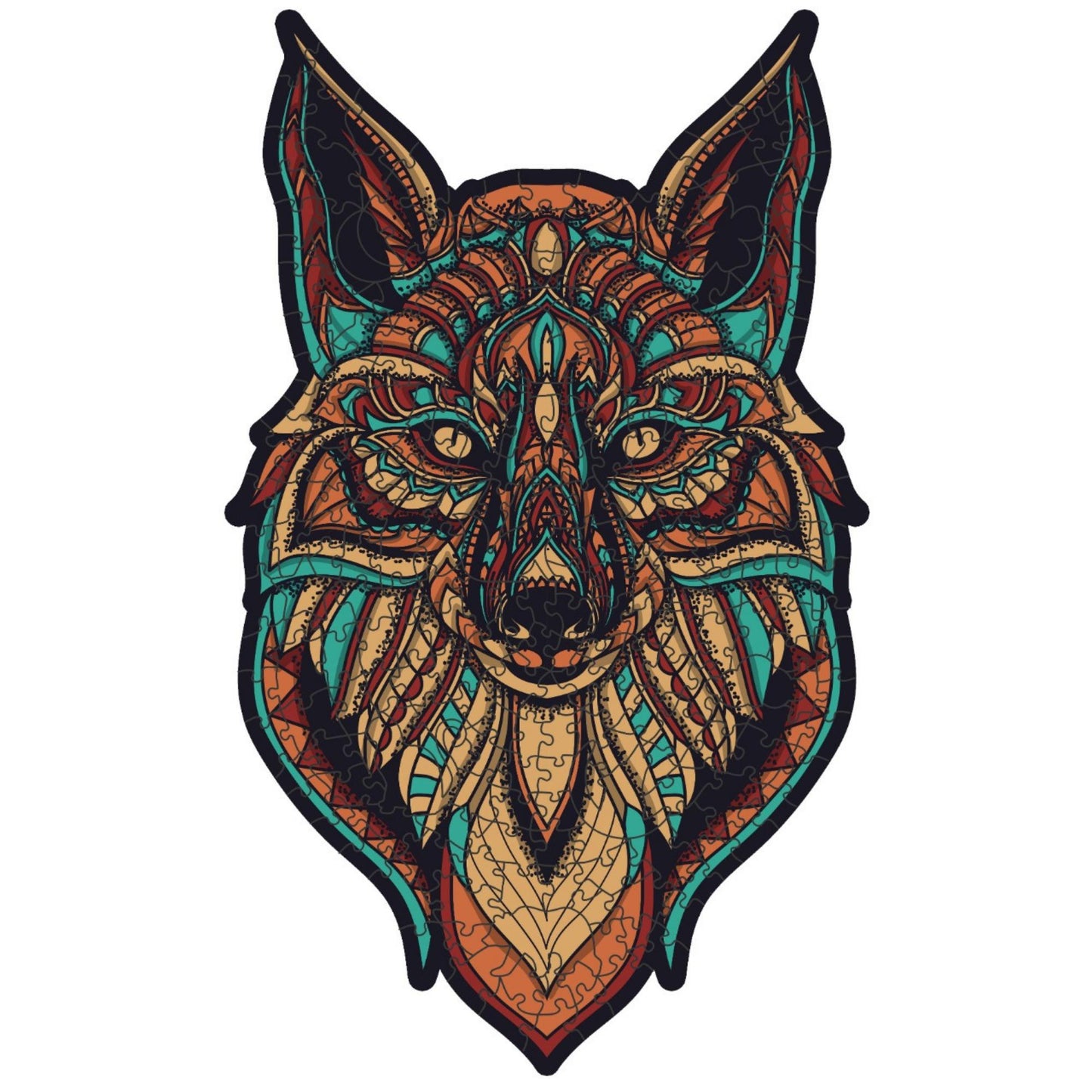 Colorful Wolf Wooden Jigsaw Puzzle: Stylized wolf with a vibrant, patterned body. Intricate wooden puzzle