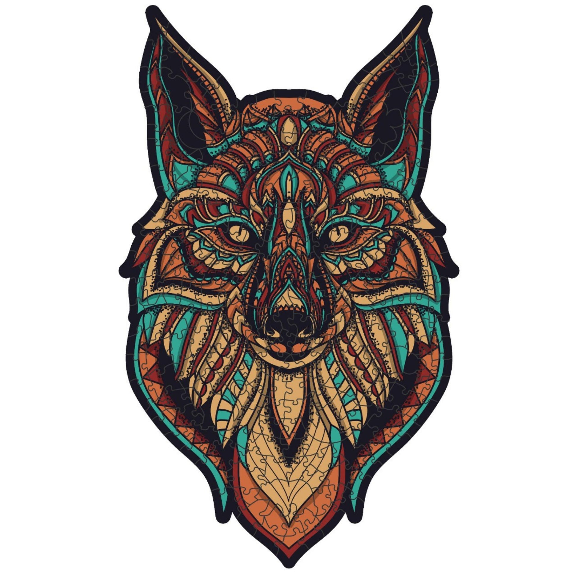 Colorful Wolf Wooden Jigsaw Puzzle: Stylized wolf with a vibrant, patterned body. Intricate wooden puzzle