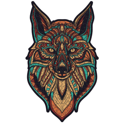 Colorful Wolf Wooden Jigsaw Puzzle: Stylized wolf with a vibrant, patterned body. Intricate wooden puzzle