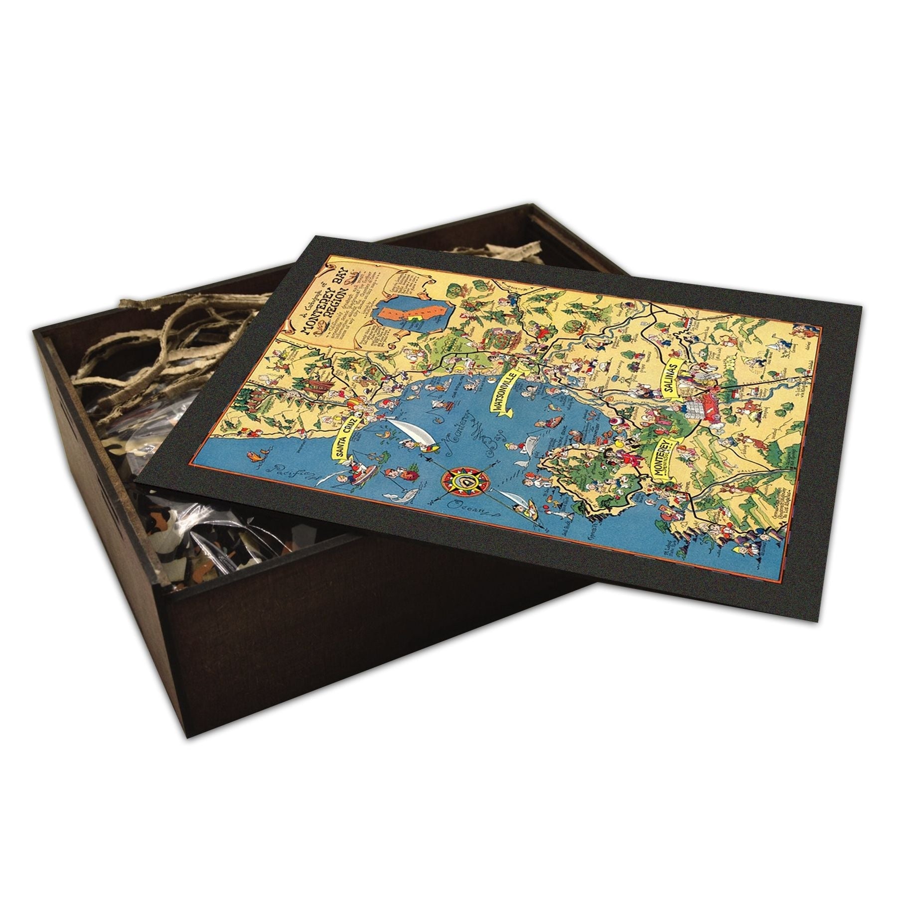 HANDCRAFTED WOODEN JIGSAW PUZZLE OF A Vintage pictorial map of the Monterey Bay Region in California, featuring cities, landmarks, cultural elements, and historical references. Illustrated cartography showcasing the diverse attractions and heritage of this coastal area. WAWW Puzzles