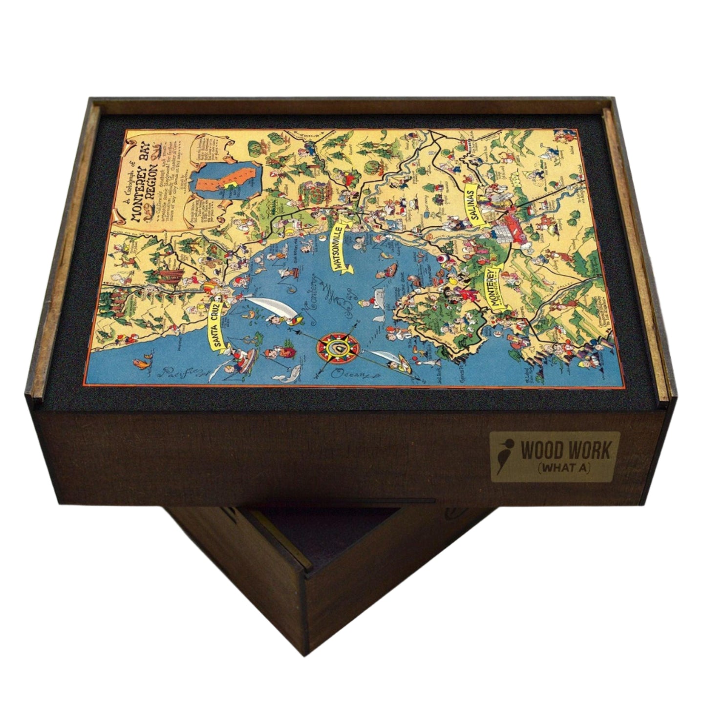 HANDCRAFTED WOODEN JIGSAW PUZZLE OF A Vintage pictorial map of the Monterey Bay Region in California, featuring cities, landmarks, cultural elements, and historical references. Illustrated cartography showcasing the diverse attractions and heritage of this coastal area. WAWW Puzzles