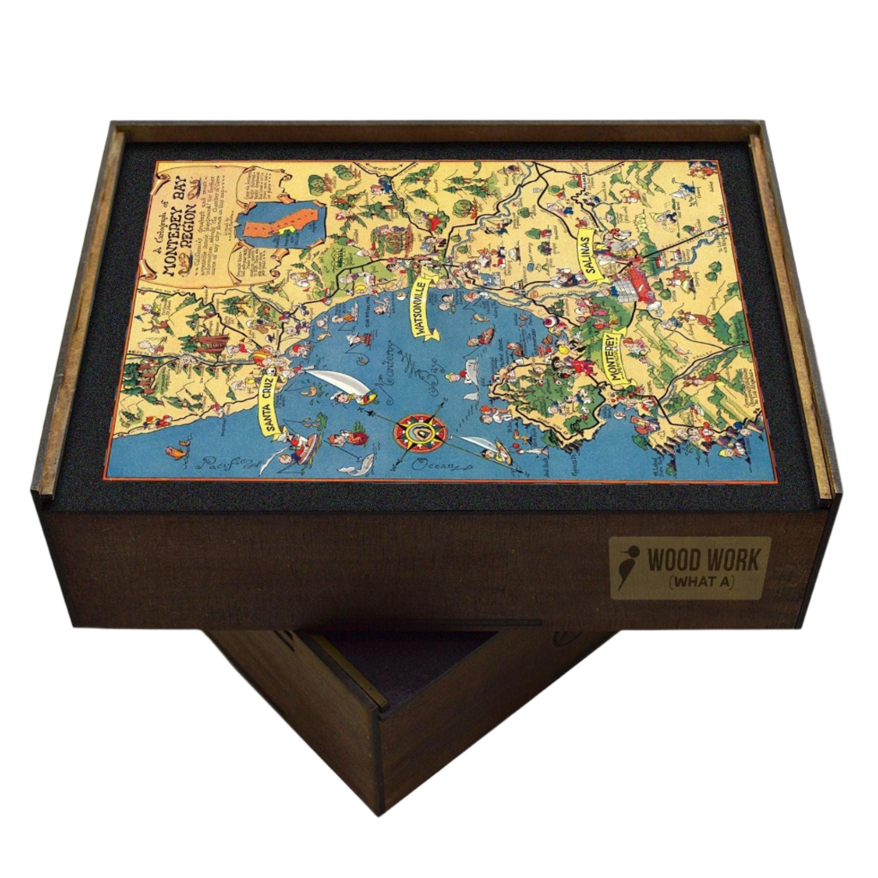 HANDCRAFTED WOODEN JIGSAW PUZZLE OF A Vintage pictorial map of the Monterey Bay Region in California, featuring cities, landmarks, cultural elements, and historical references. Illustrated cartography showcasing the diverse attractions and heritage of this coastal area. WAWW Puzzles