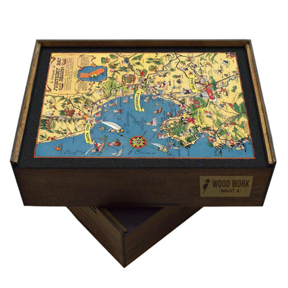 HANDCRAFTED WOODEN JIGSAW PUZZLE OF A Vintage pictorial map of the Monterey Bay Region in California, featuring cities, landmarks, cultural elements, and historical references. Illustrated cartography showcasing the diverse attractions and heritage of this coastal area. WAWW Puzzles