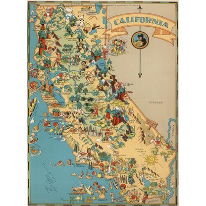Vintage California pictorial map wooden jigsaw puzzle. 1930s style, illustrated landmarks, whimsical cartoons, vibrant colors.