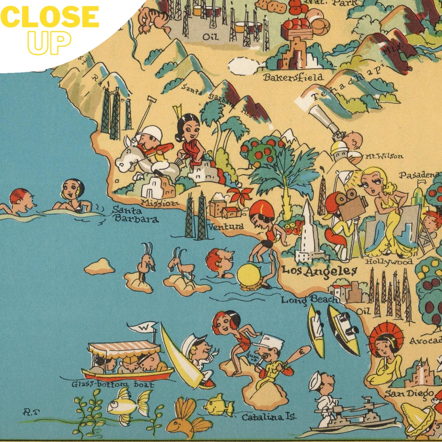 Vintage California pictorial map wooden jigsaw puzzle. 1930s style, illustrated landmarks, whimsical cartoons, vibrant colors.