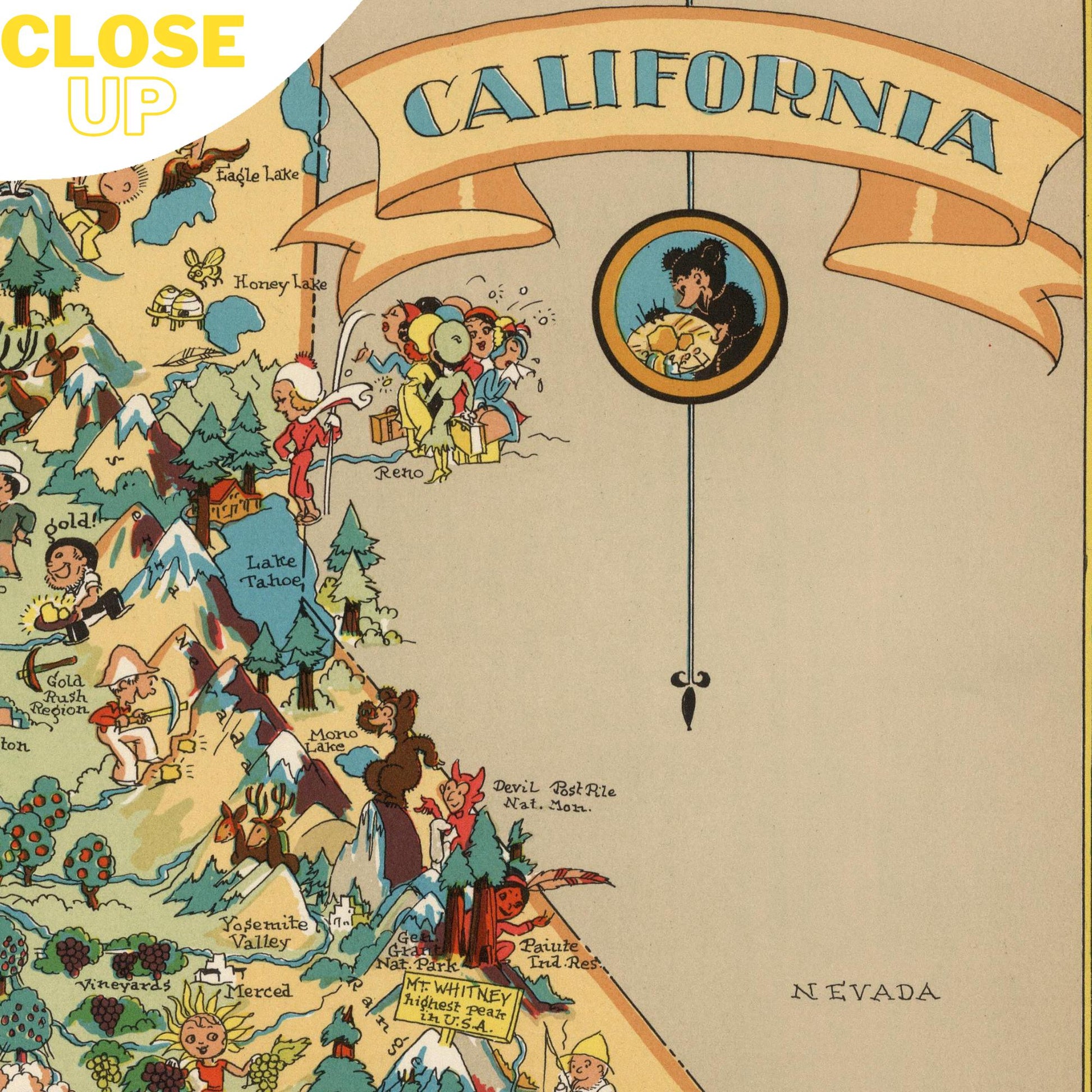 Vintage California pictorial map wooden jigsaw puzzle. 1930s style, illustrated landmarks, whimsical cartoons, vibrant colors.