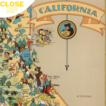 Vintage California pictorial map wooden jigsaw puzzle. 1930s style, illustrated landmarks, whimsical cartoons, vibrant colors.