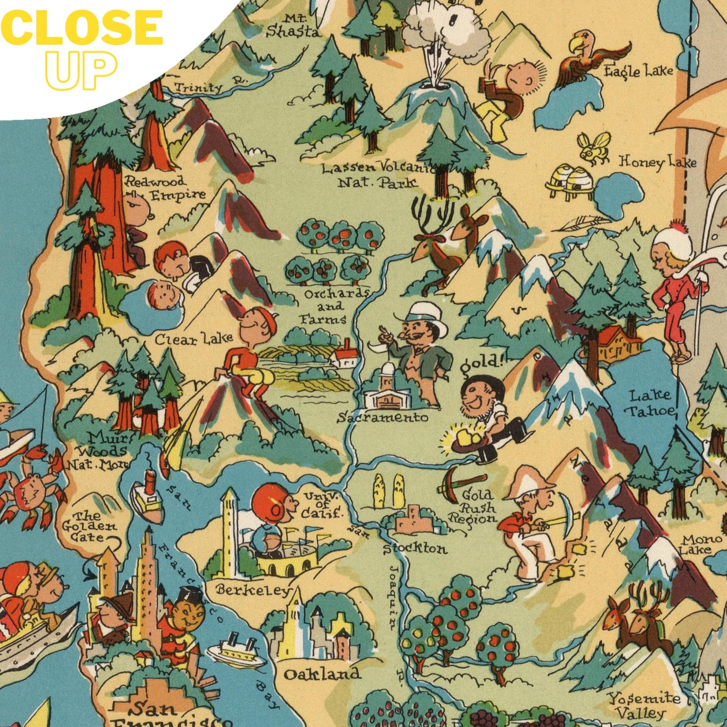 Vintage California pictorial map wooden jigsaw puzzle. 1930s style, illustrated landmarks, whimsical cartoons, vibrant colors.