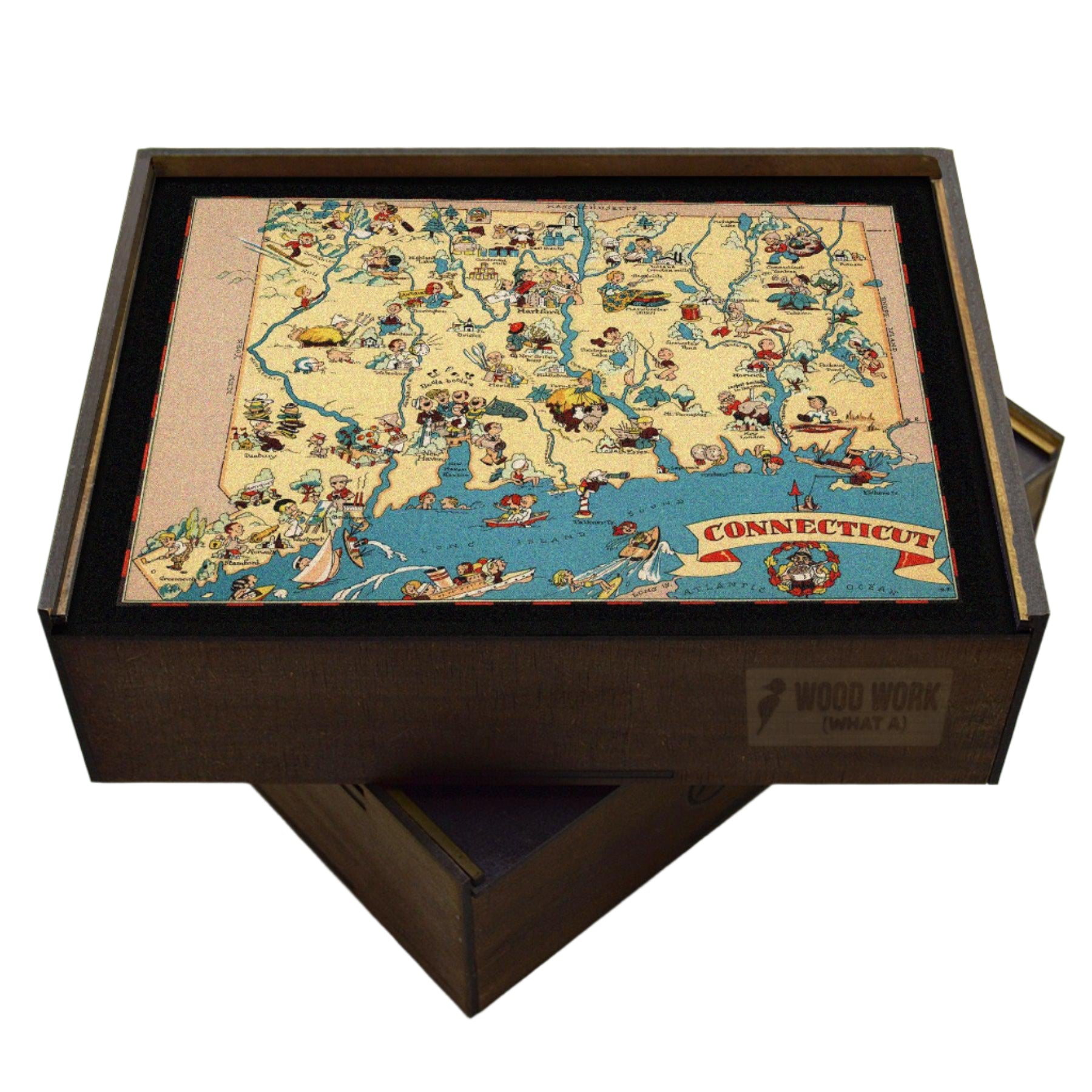 Collectible wooden puzzle of a vintage pictorial map of Connecticut showcasing landmarks, natural wonders, cultural elements, and historical references. Illustrated cartography highlighting the state's diverse attractions and heritage