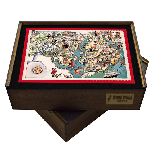 Vintage Mid-Atlantic pictorial map, 1940s style. Hand-drawn illustrations of landmarks, regions: PA, NJ, DE, VA, WV. Colorful, whimsical art.