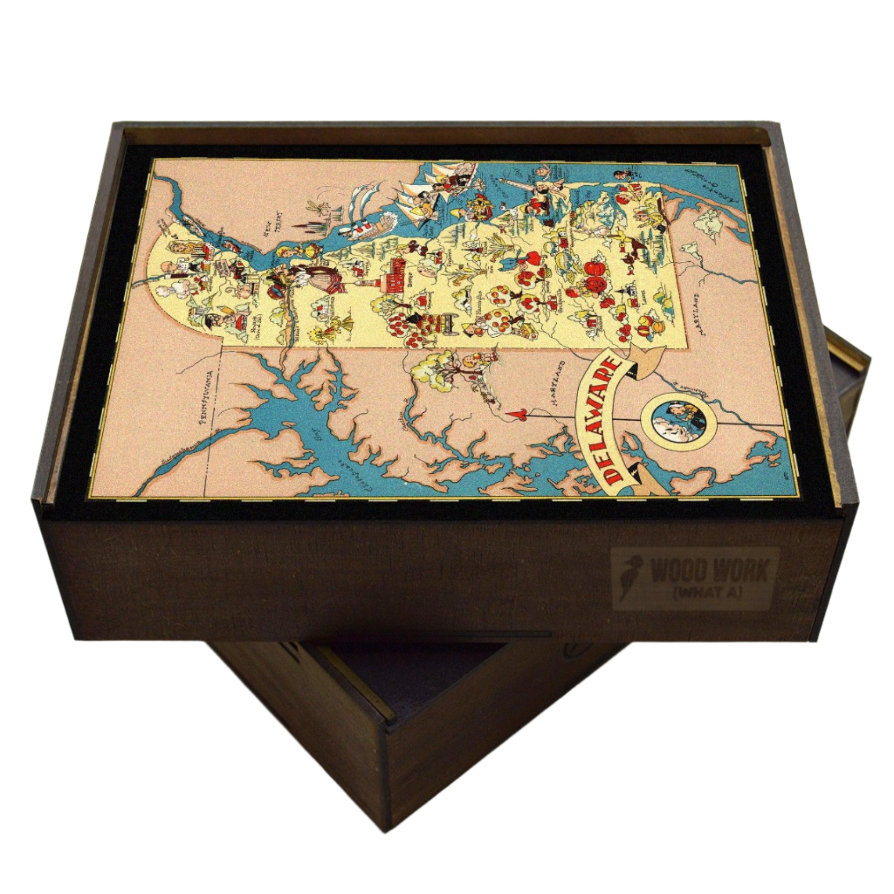 Collectible wooden puzzle of a vintage pictorial map of Delaware showcasing landmarks, natural wonders, cultural elements, and historical references. Illustrated cartography highlighting the state's diverse attractions and heritage