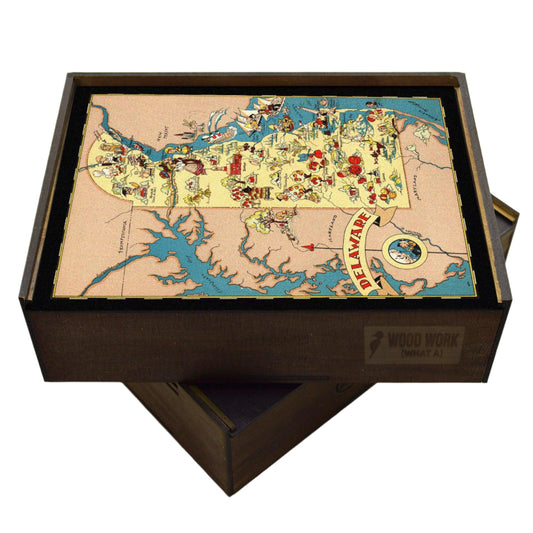 Collectible wooden puzzle of a vintage pictorial map of Delaware showcasing landmarks, natural wonders, cultural elements, and historical references. Illustrated cartography highlighting the state's diverse attractions and heritage